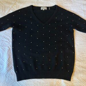 White & Warren pearl embellished v-neck cashmere sweater, black, XS